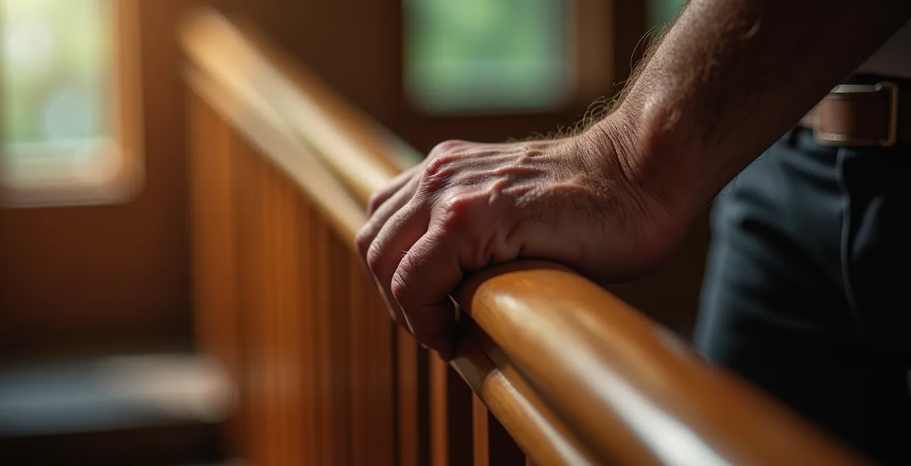 Gros plan sur une main tenant fermement une main courante en bois poli