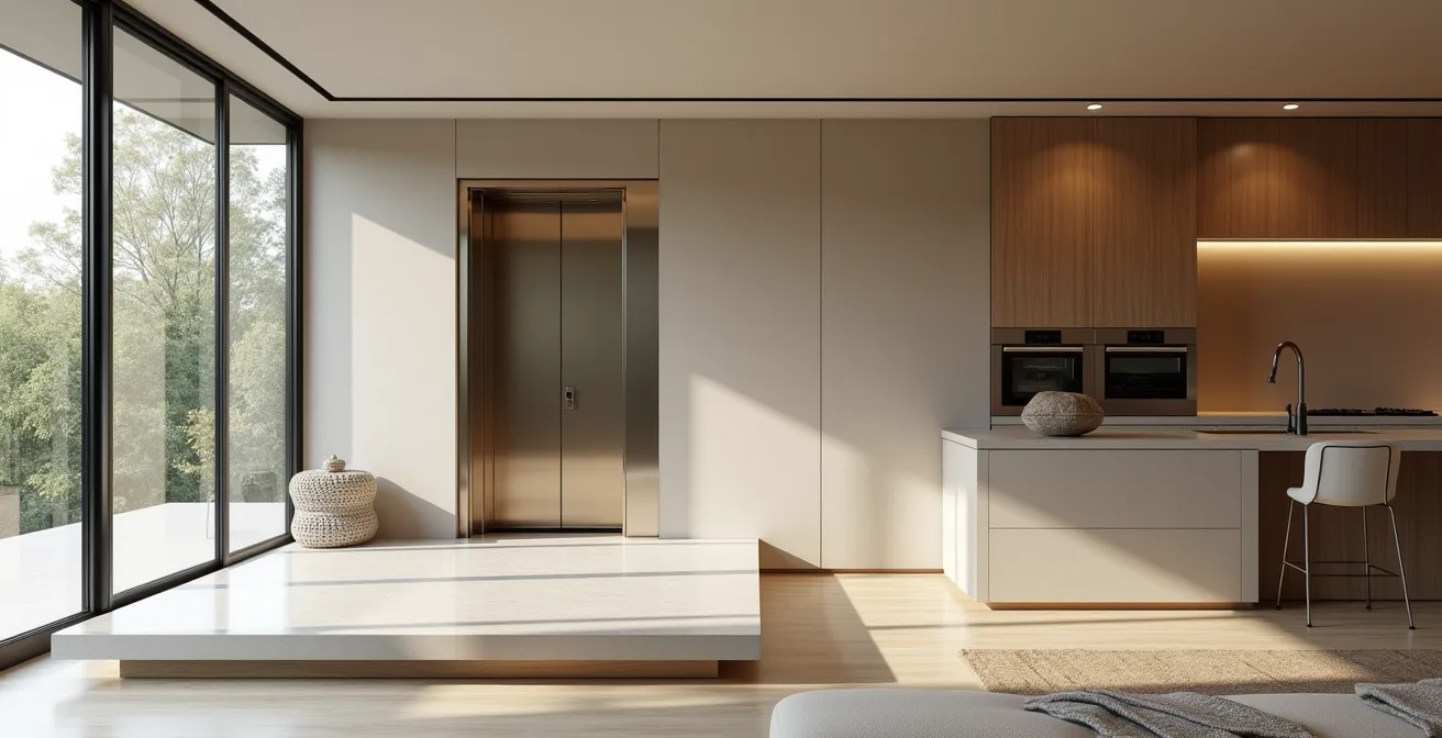 Vue d'ensemble d'une plateforme élévatrice parfaitement intégrée dans un intérieur contemporain